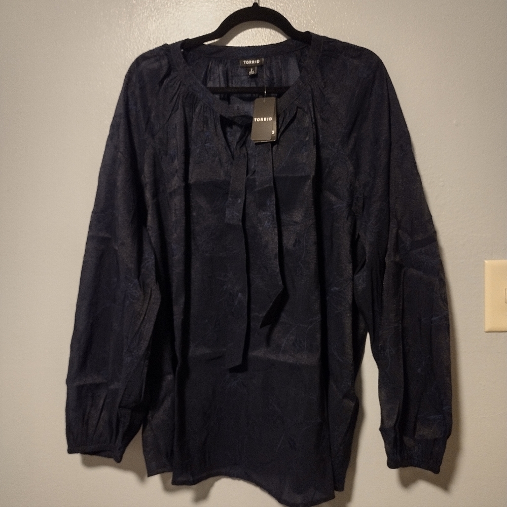 Torrid Chiffon Embroidered Tie Front Peasant Top Blouse - Picture 3 of 11
